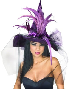 Purple Feather Witch Hat with Veil